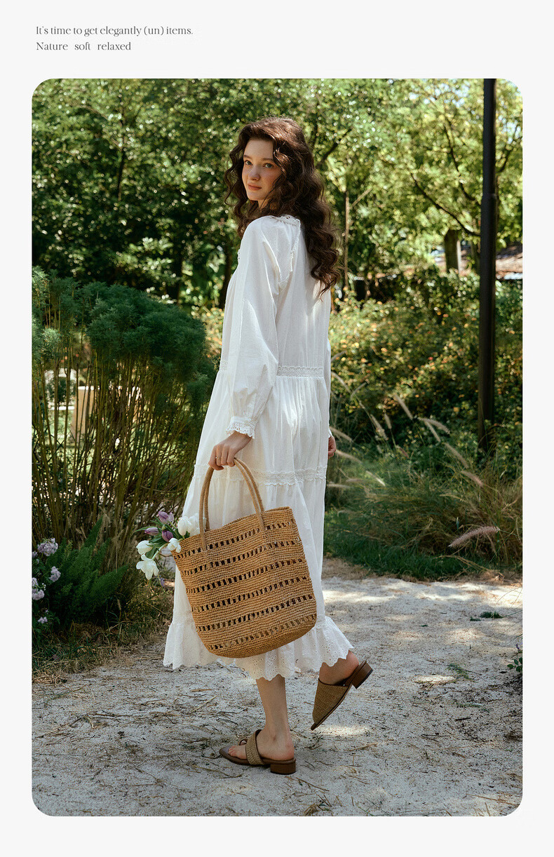 Olrain French Embroidered Hollow Lace Collar Long Sleeve Dress Women Spring Loose Elegant Long Dress White S 14
