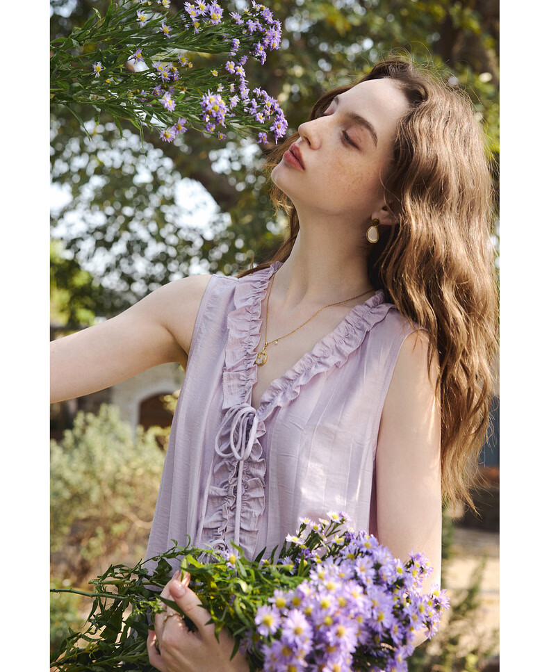 Olrain French Style Heavy Embroidered Ruffled V-Neck Sleeveless Shirt Women Summer New Loose Top Purple S 19
