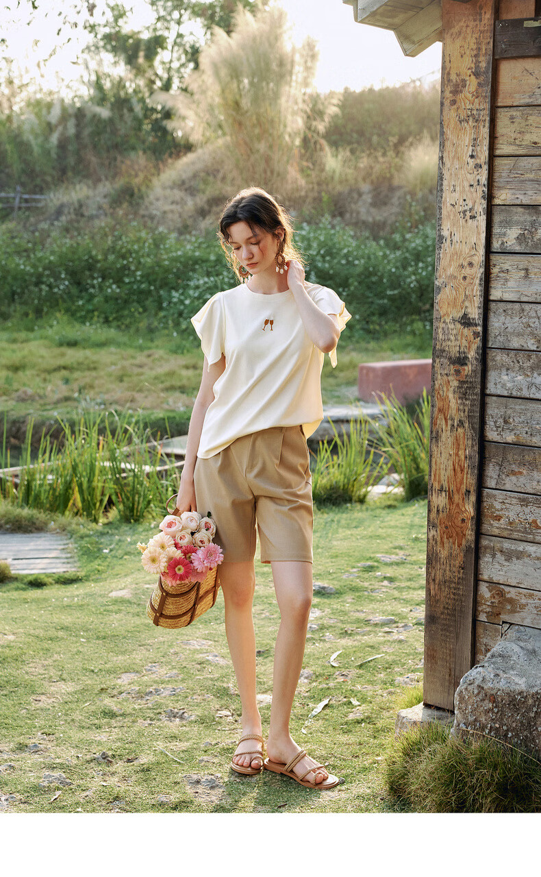 Olrain French Style Short Sleeve T-Shirt Women Summer New Loose Casual Commuting Ruffle Sleeve Top Yellow S 16