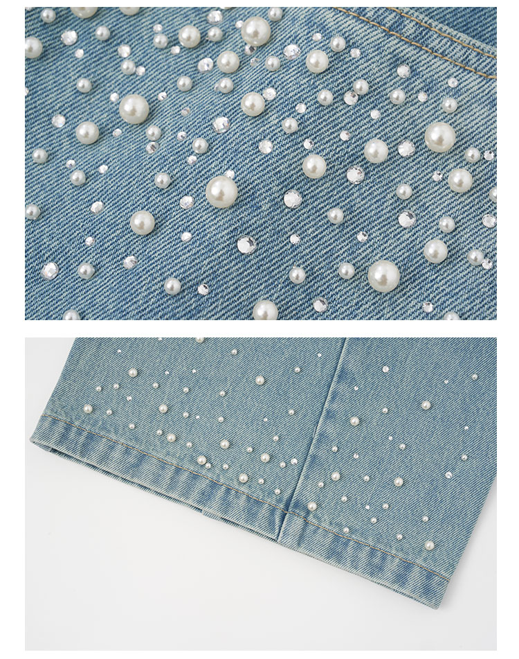 ANN ANDELMAN Curved Leg Wide-Leg Jeans with Rhinestone Pearls Washed Vintage Denim Blue Size 24 - Wuwenwen Same Style 14