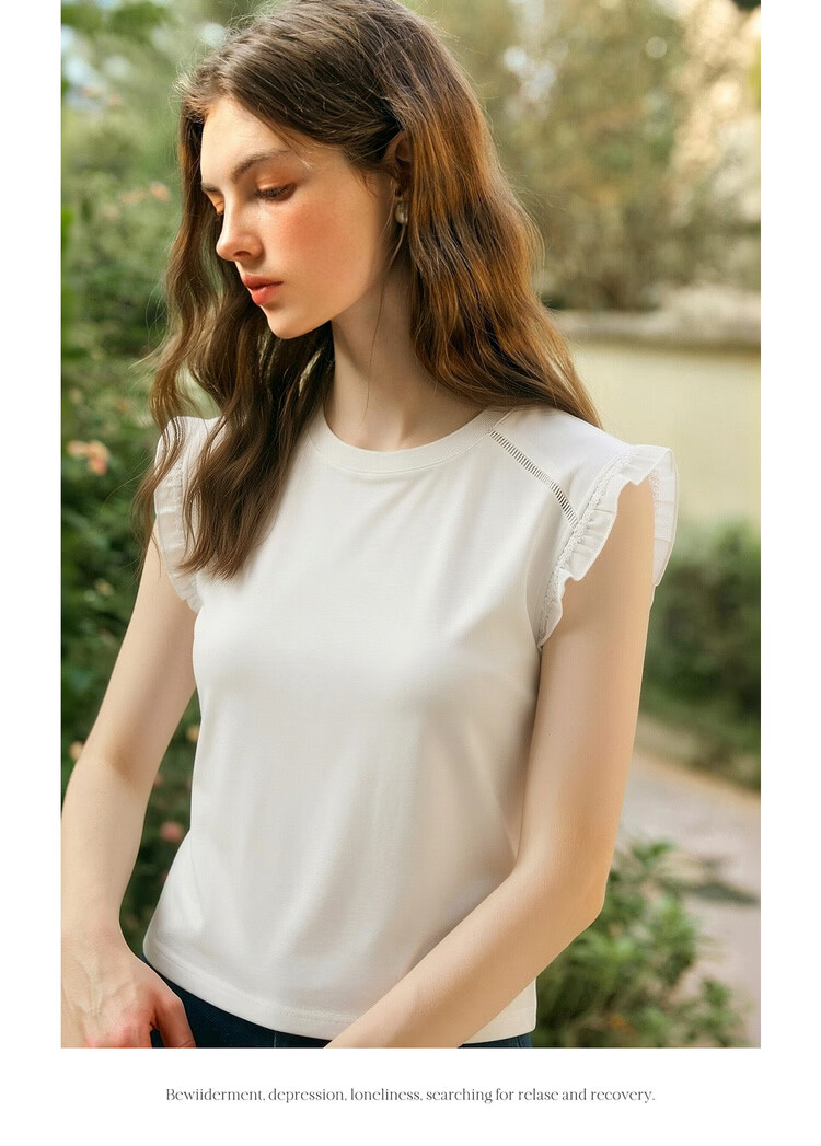 Olrain French Style Ruffled Sleeve Summer Casual Commuter Pullover T-Shirt for Women White L 9