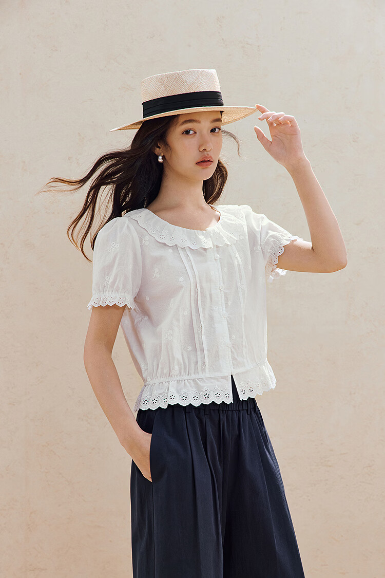 INMAN INMAN [Runway Style] Puff Sleeve Lace Peter Pan Collar Blouse, Summer 2026, Pure Cotton Short Sleeve, White, Size L 15