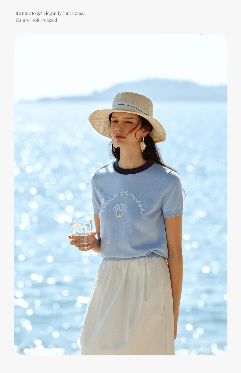Olrain Oureier New Summer Jacquard Embroidered Round Neck Casual Short Sleeve Knit Pullover Top for Women Blue S 13