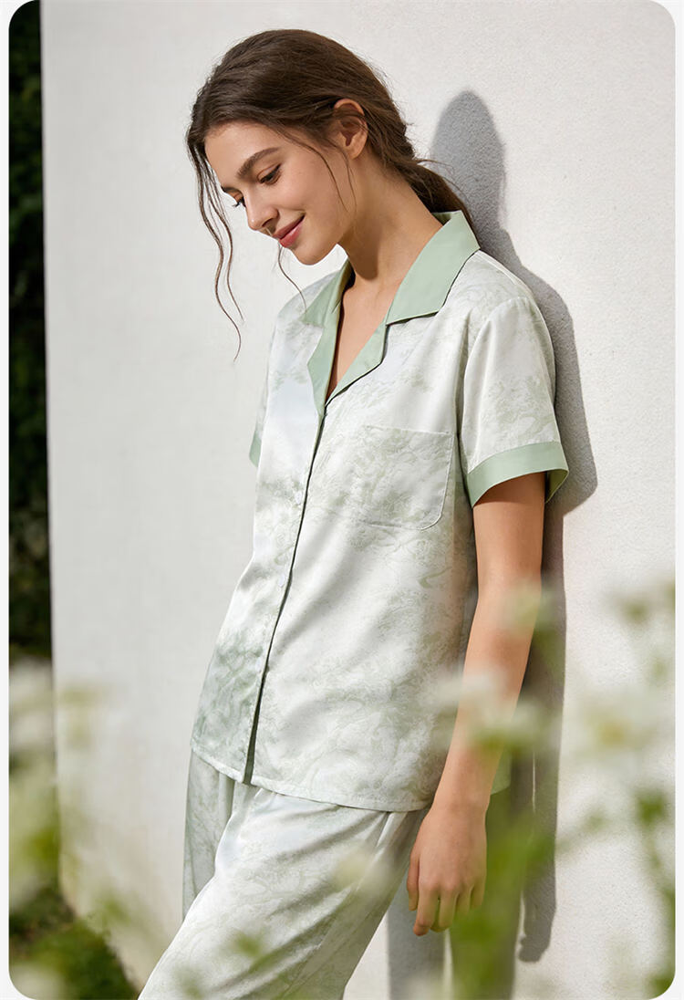 Urban Beauty Women's Pajamas New Short Sleeve Long Pants Cool Ice Silk Satin Printed Homewear Set Spring Summer 2026 New Arrival 9