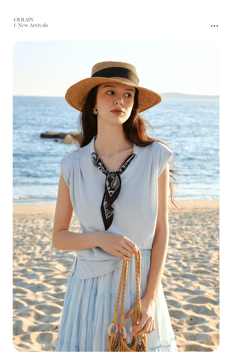 Olrain Eurier Scarf Collar Short Sleeve T-Shirt Women Summer New Casual Simple Commuter Knit Top Blue S 11
