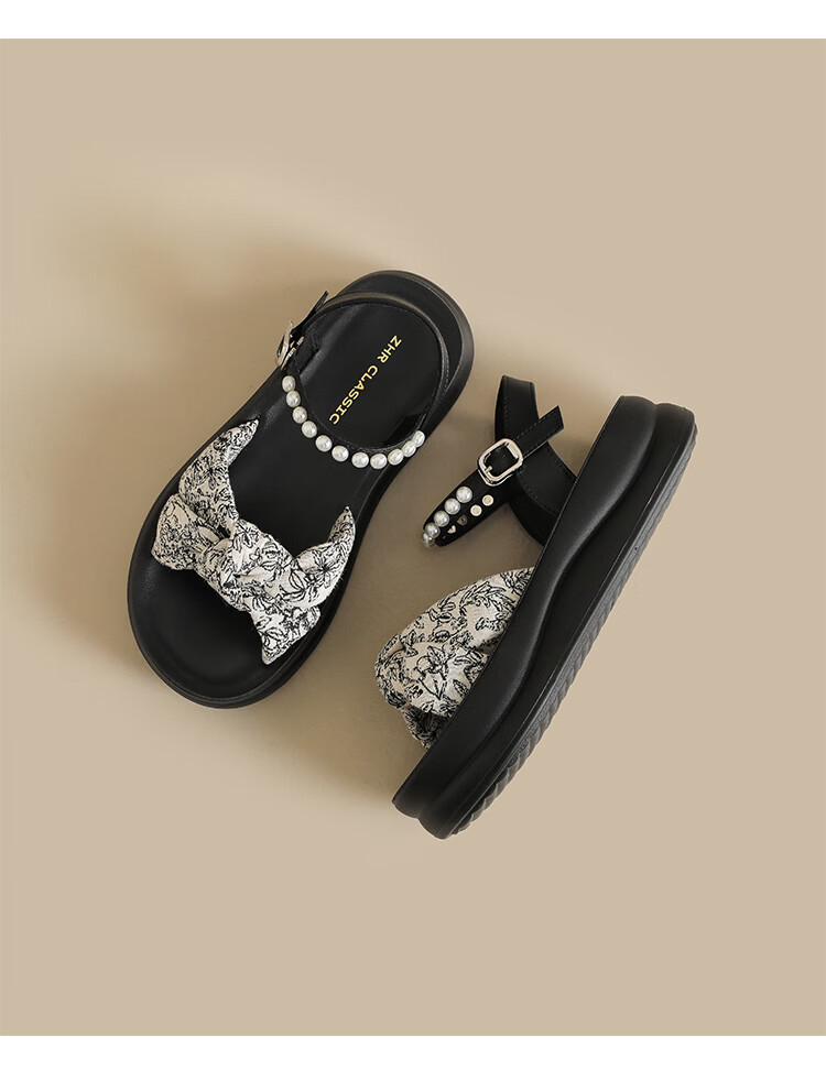 ZHR Women's Summer New Thick Sole Height Increasing Sandals with Bow Black 37 17