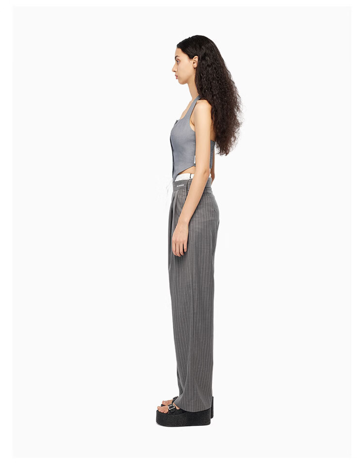 ANN ANDELMAN Official Straight-Leg Elastic Waist Spliced Striped Casual Trousers Gray M Celebrity Style 5