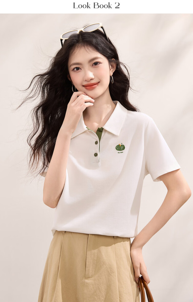 Sllsky Casual Polo Collar Short Sleeve Women's T-Shirt 2026 Summer New Versatile Fashion Embroidered Shoulder Tee 14