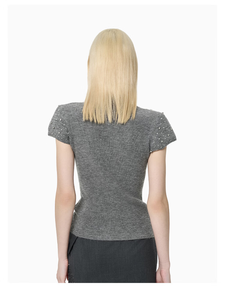 ANN ANDELMAN Galaxy Series Pearl and Diamond Embellished Semi-Turtleneck Short Sleeve Knit Top Fashion Slim Fit Gray XS 9