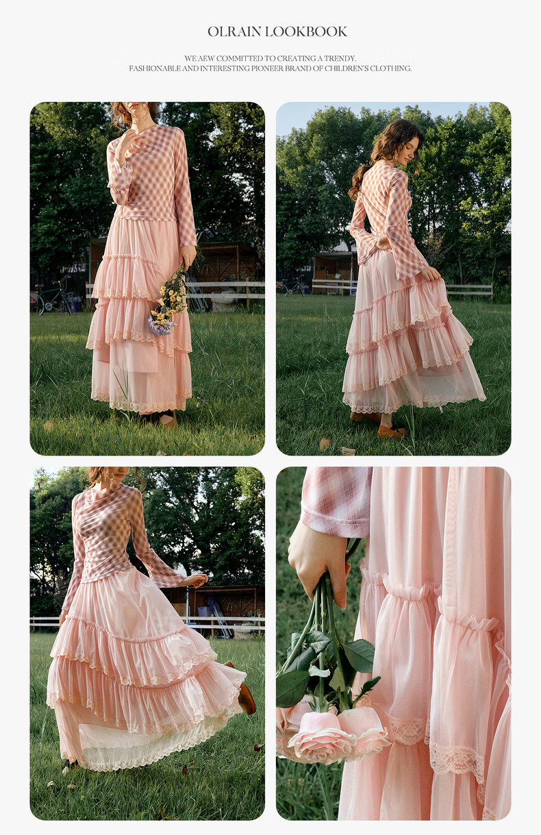 Olrain French Style Women's Skirt Spring Ruffle Lace Spliced Mesh Elegant Long Skirt Pink XL 11