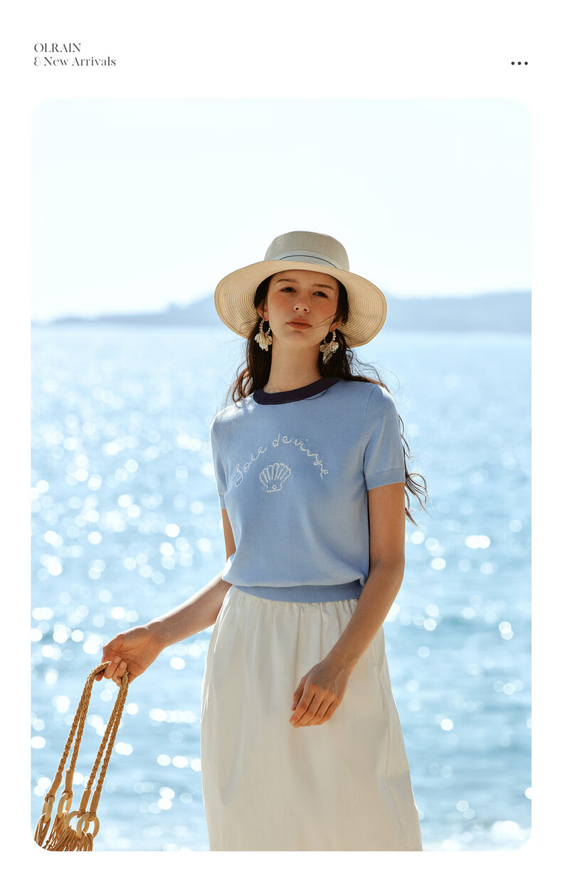 Olrain Oureier New Summer Jacquard Embroidered Round Neck Casual Short Sleeve Knit Pullover Top for Women Blue S 8