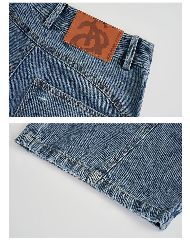 ANN ANDELMAN Star Style Four-Season Washed Vintage Diagonal Split Workwear Jeans Dark Blue 24 11