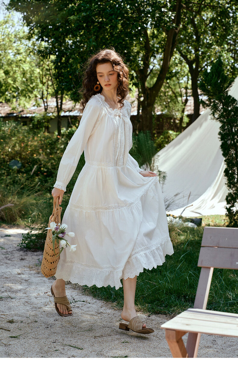 Olrain French Embroidered Hollow Lace Collar Long Sleeve Dress Women Spring Loose Elegant Long Dress White S 19