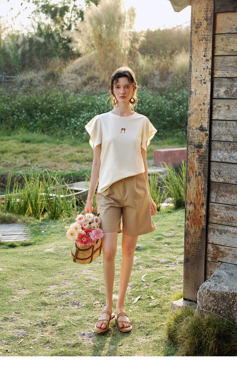 Olrain French Style Short Sleeve T-Shirt Women Summer New Loose Casual Commuting Ruffle Sleeve Top Yellow S 14