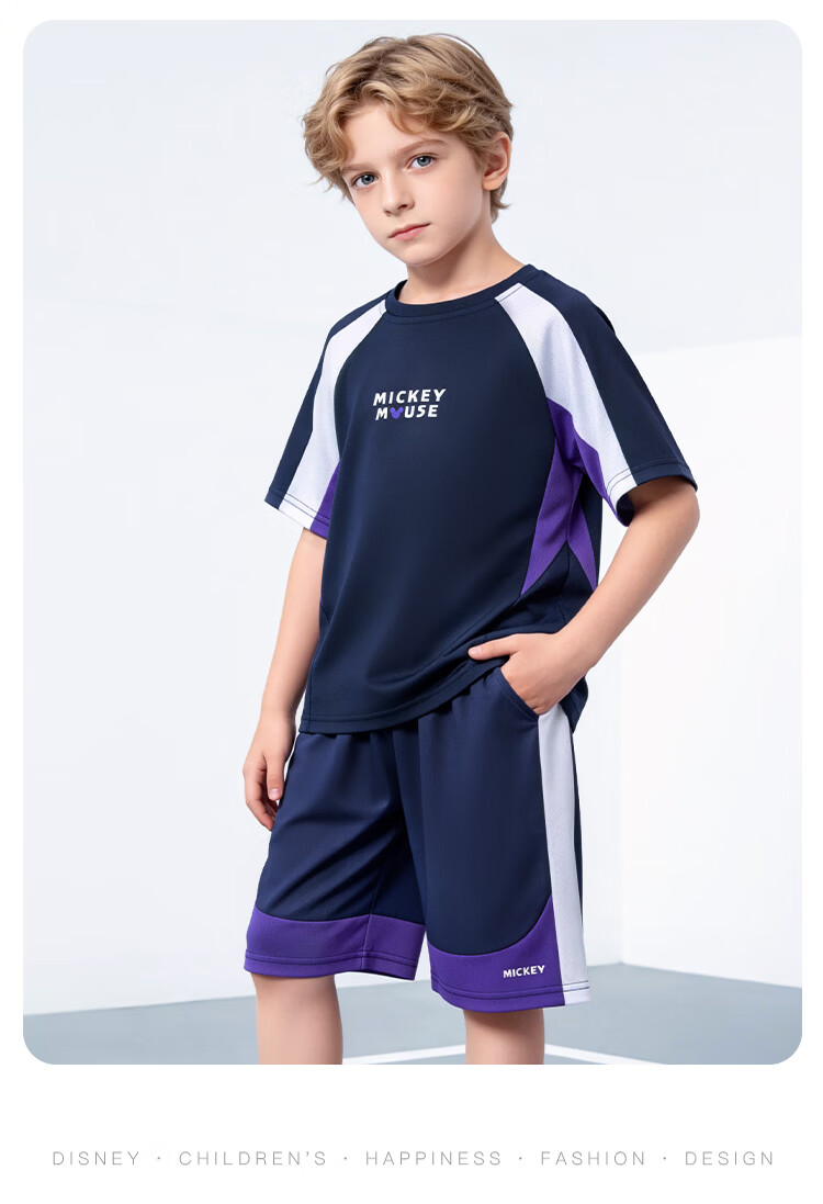 Disney Boys Short Sleeve Set Children's 2026 Summer Sports Set Boys Quick-Dry T-Shirt Two-Piece Navy Blue 120 14
