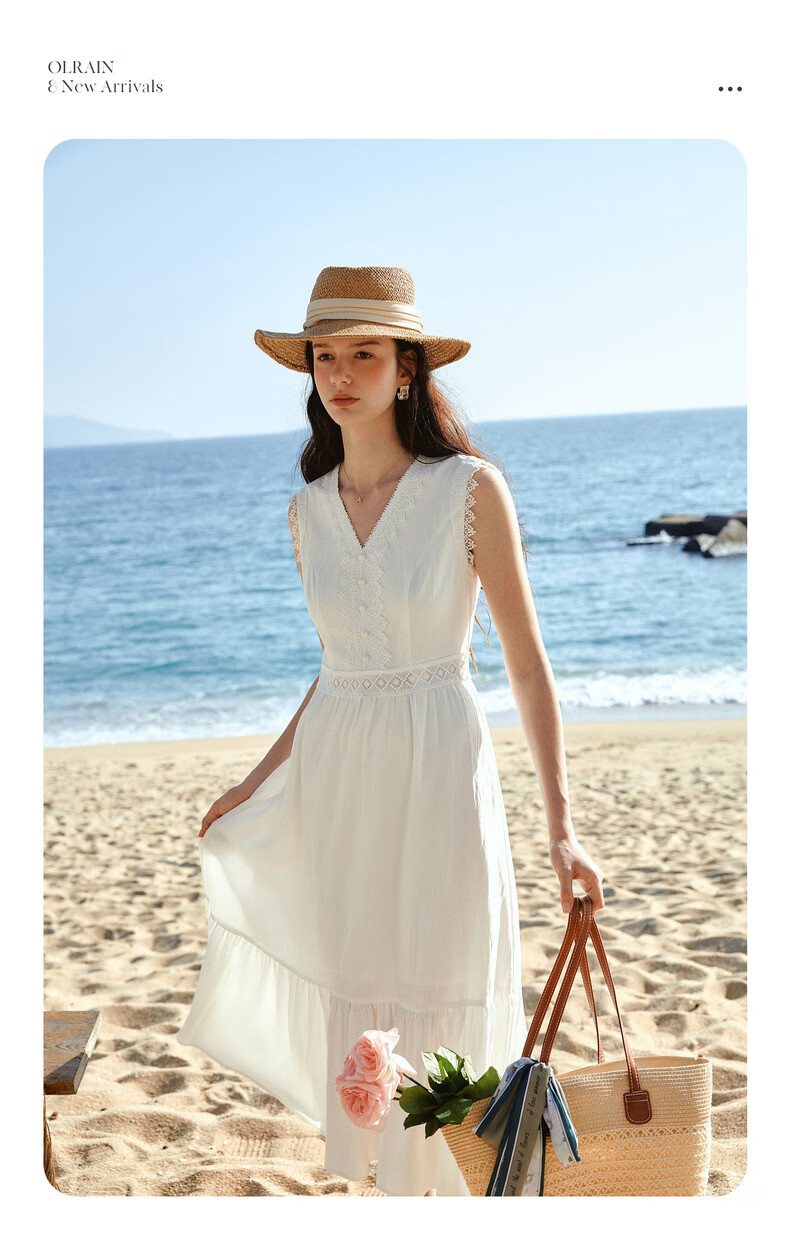 Olrain French Style V-Neck Lace Trim Waist Cinched Sleeveless Vest Dress Long Dress White M 8