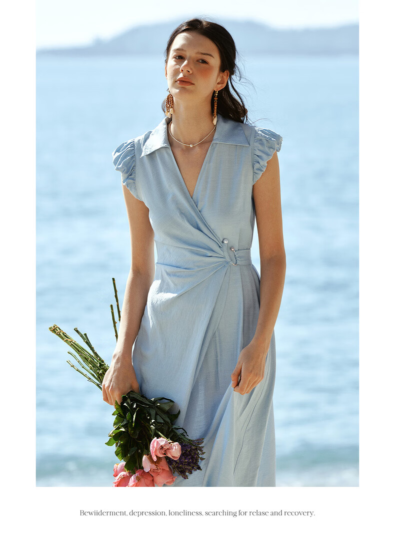 Olrain French Style Lace-Up Waist Design New Vacation Casual Puff Sleeve Dress Blue XL 14
