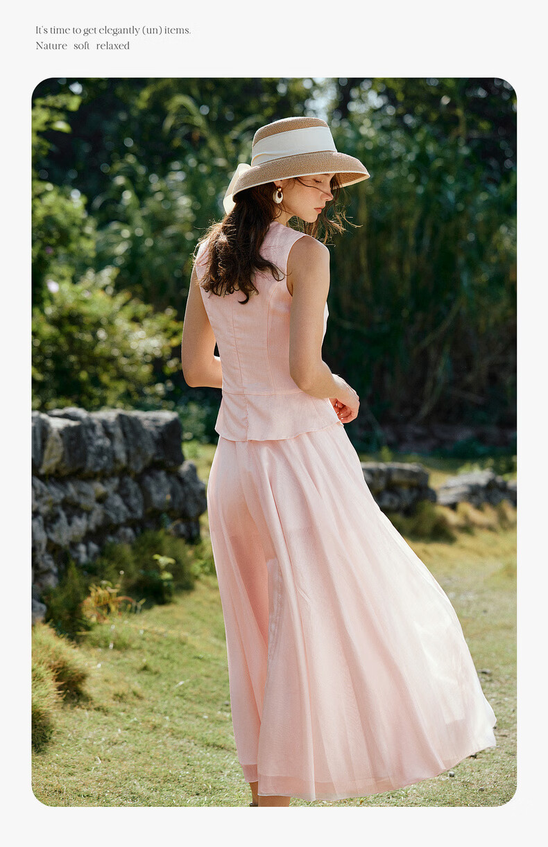 Olrain Eurier Summer Lyocell Linen Dress Women Fake Two-Piece Vest Dress Light Pink M 11