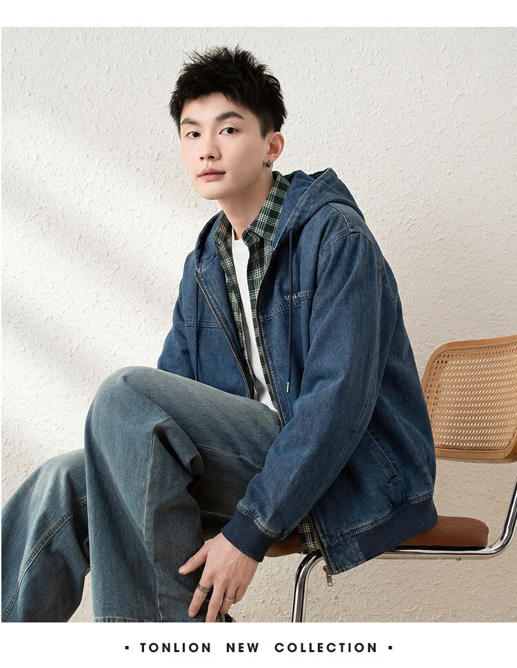 TonLion 2026 Spring New Hooded Denim Jacket Men's Denim Blue Casual Early Spring American Loose Fit 4