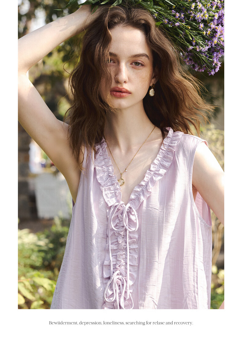 Olrain French Style Heavy Embroidered Ruffled V-Neck Sleeveless Shirt Women Summer New Loose Top Purple S 17