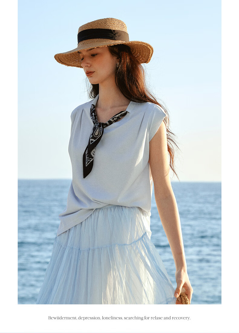Olrain Eurier Scarf Collar Short Sleeve T-Shirt Women Summer New Casual Simple Commuter Knit Top Blue S 20