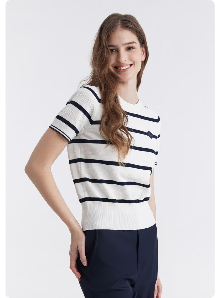 ELLE ACTIVE Colorblock Striped Knit Short Sleeve T-Shirt Women Casual Fashion Comfortable Versatile Crew Neck Top Summer Navy Blue L 10