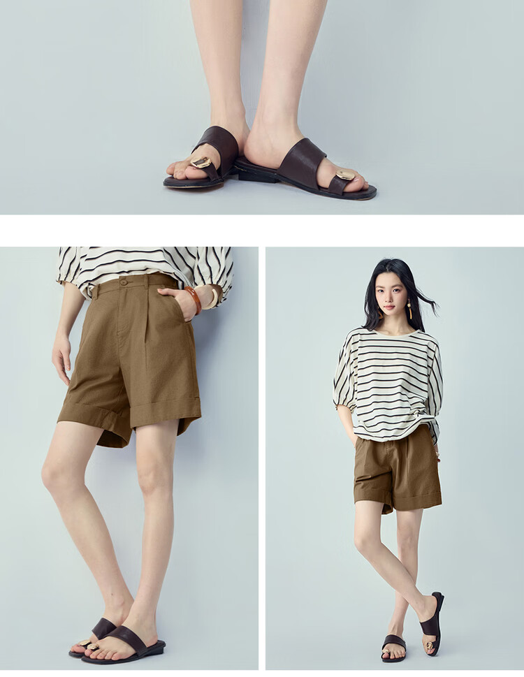Giordano Women's Summer New Cotton Linen Pleated Semi-Elastic Waist Straight Casual Shorts 13406306 19