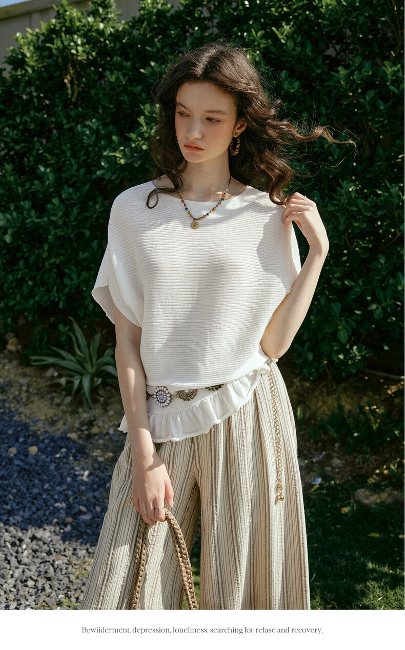 Olrain Women's Summer Off-Shoulder Ruffle Hem Loose Fit Commuter Short Sleeve Knit Top White S 9