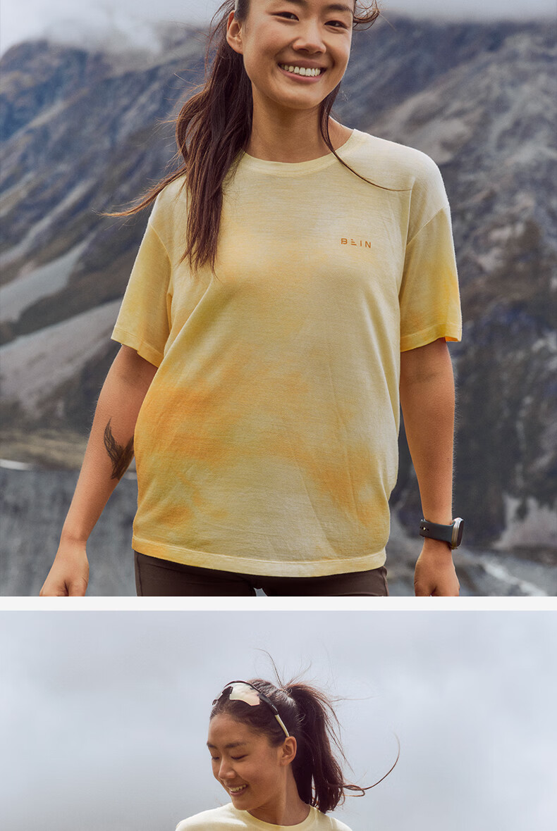 BEIN SPACE Summer New Washable Merino Wool Gradient Sports Hiking Short Sleeve T-Shirt Women J027 Sunset Orange XS 21