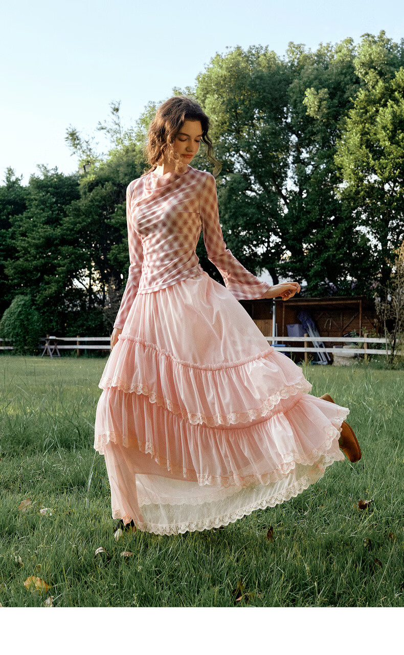 Olrain French Style Women's Skirt Spring Ruffle Lace Spliced Mesh Elegant Long Skirt Pink XL 17