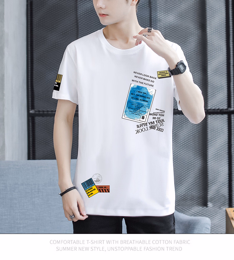 Ice Silk Thin Short-sleeved T-shirt Men's Summer Pure Cotton Teen Handsome Half-sleeved Summer Clothes T9902 Blue 2XL_viptrois.com