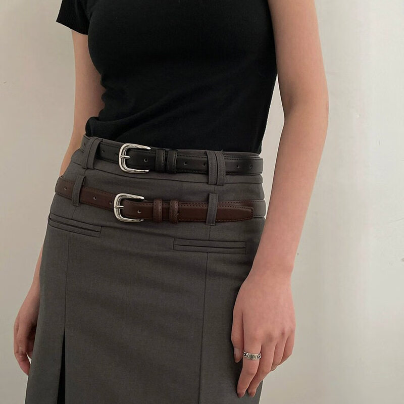 JIFANPAUL Women's Vintage Artistic Simple Versatile Korean Style Thin Leather Belt Black 105cm 5