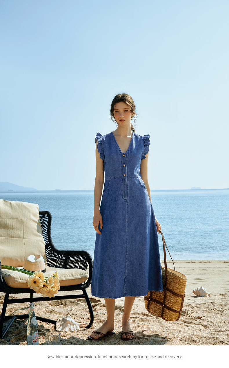 Olrain Eurielle Summer New French Vintage Denim Waist-Slimming Versatile Casual Dress Denim Blue M 6