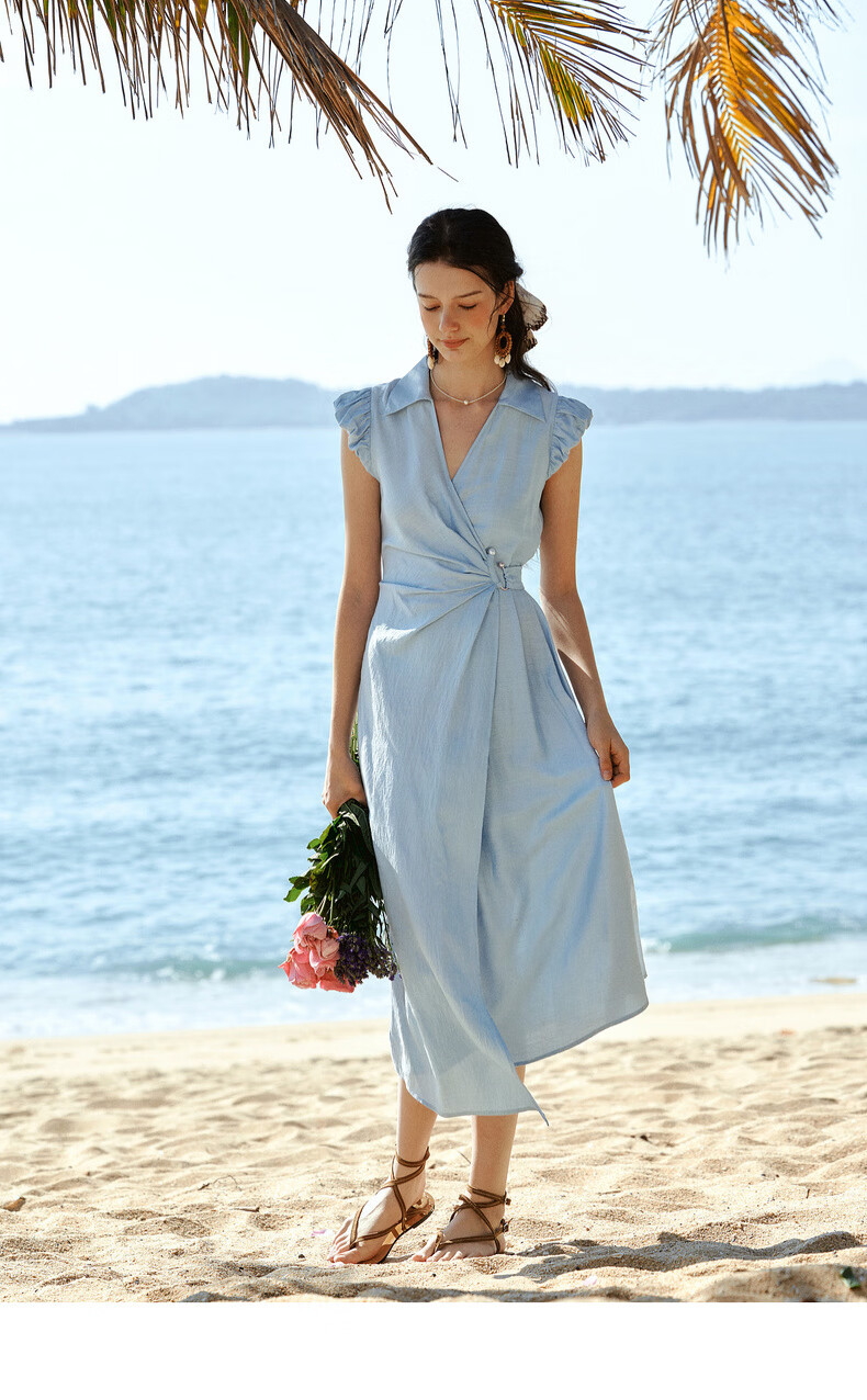 Olrain French Style Lace-Up Waist Design New Vacation Casual Puff Sleeve Dress Blue XL 10