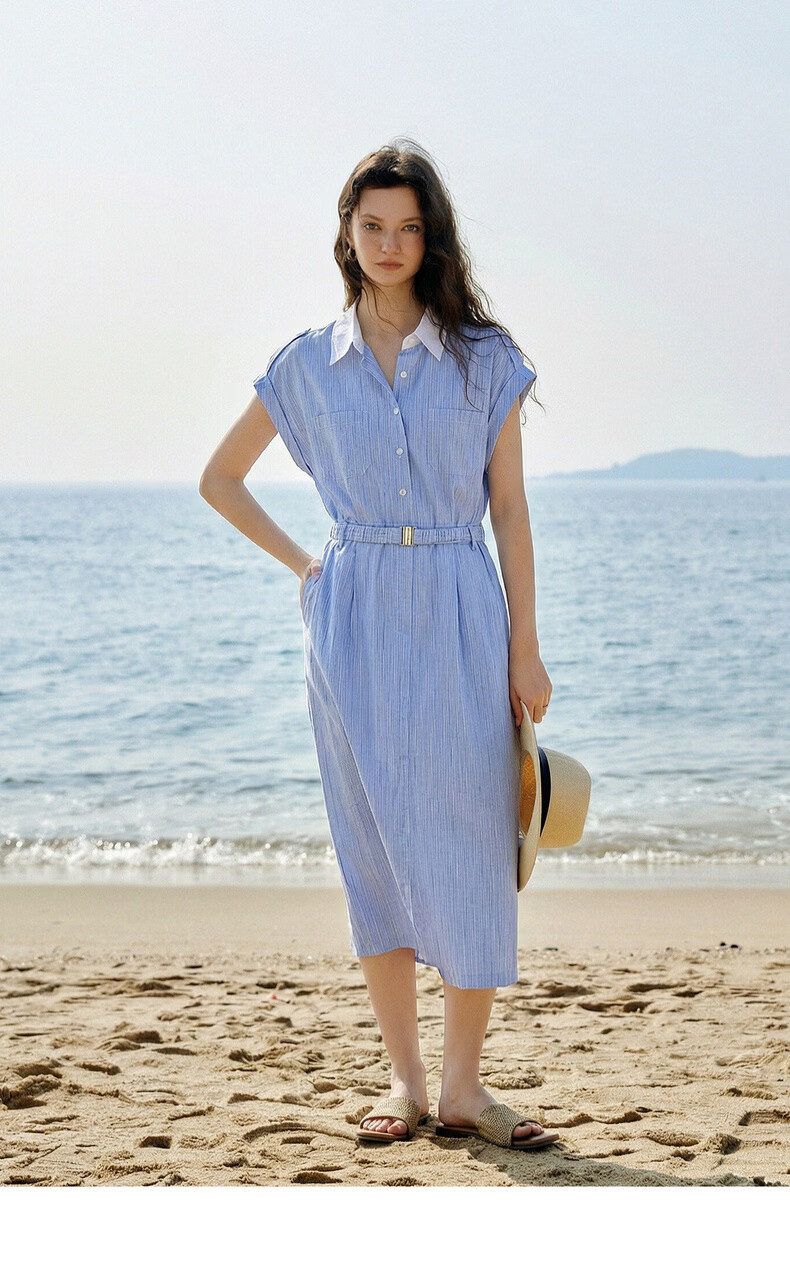 Olrain European Style Summer French Commuter Striped Shirt Dress Waist Slimming Elegant Short Sleeve Dress Blue S 12