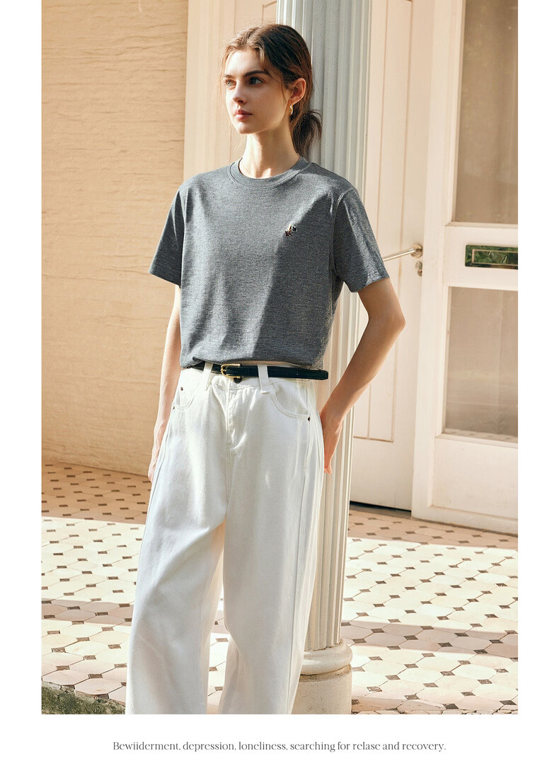 Olrain Eurail Summer New Round Neck Casual Fashion Versatile Embroidered Short Sleeve T-Shirt for Women Gray S 11