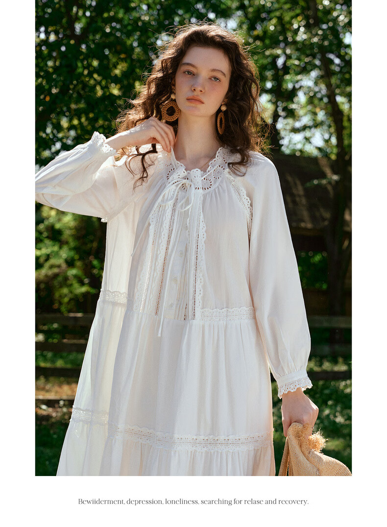 Olrain French Embroidered Hollow Lace Collar Long Sleeve Dress Women Spring Loose Elegant Long Dress White S 21