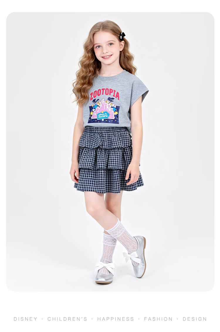 Disney Girls' Outfit 2026 Summer New Plaid Short Sleeve Dress Two-Piece Set Girls' Skirt Set 160 18