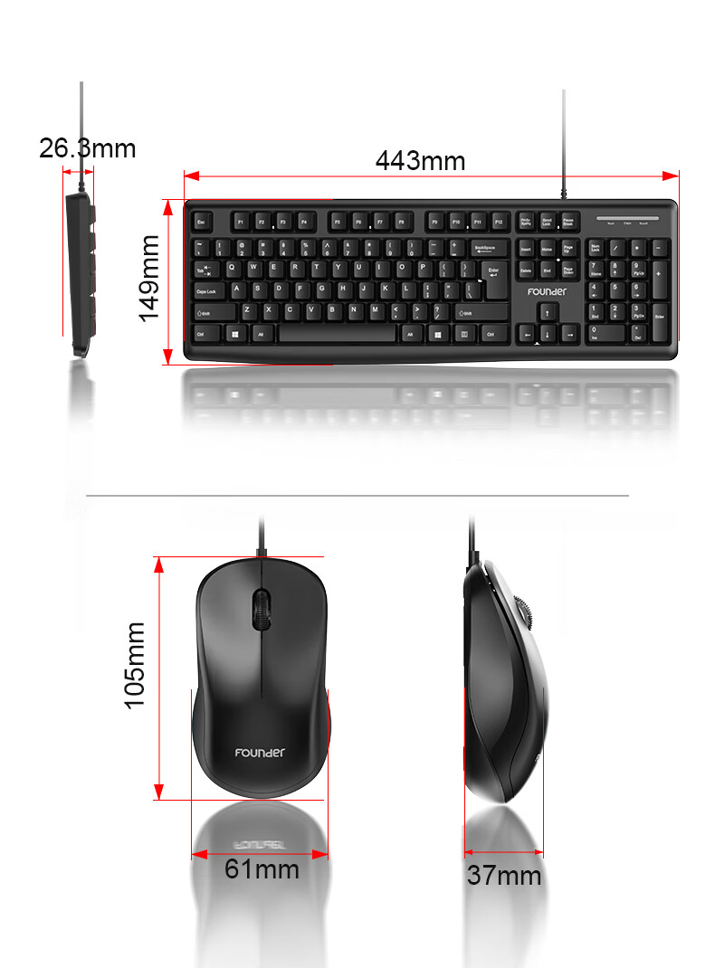 Founder F6161 Business Wired Keyboard and Mouse Set Full-Size Office Spill-Resistant External Keyboard for Laptop Black 10