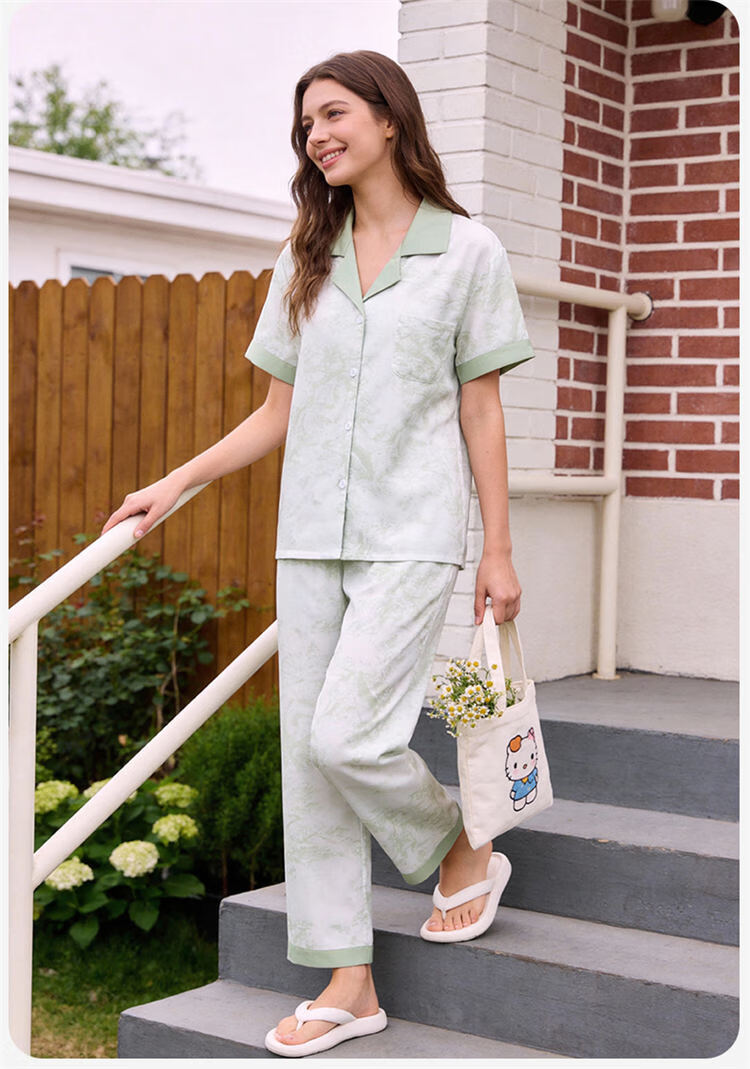 Urban Beauty Women's Pajamas New Short Sleeve Long Pants Cool Ice Silk Satin Printed Homewear Set Spring Summer 2026 New Arrival 18