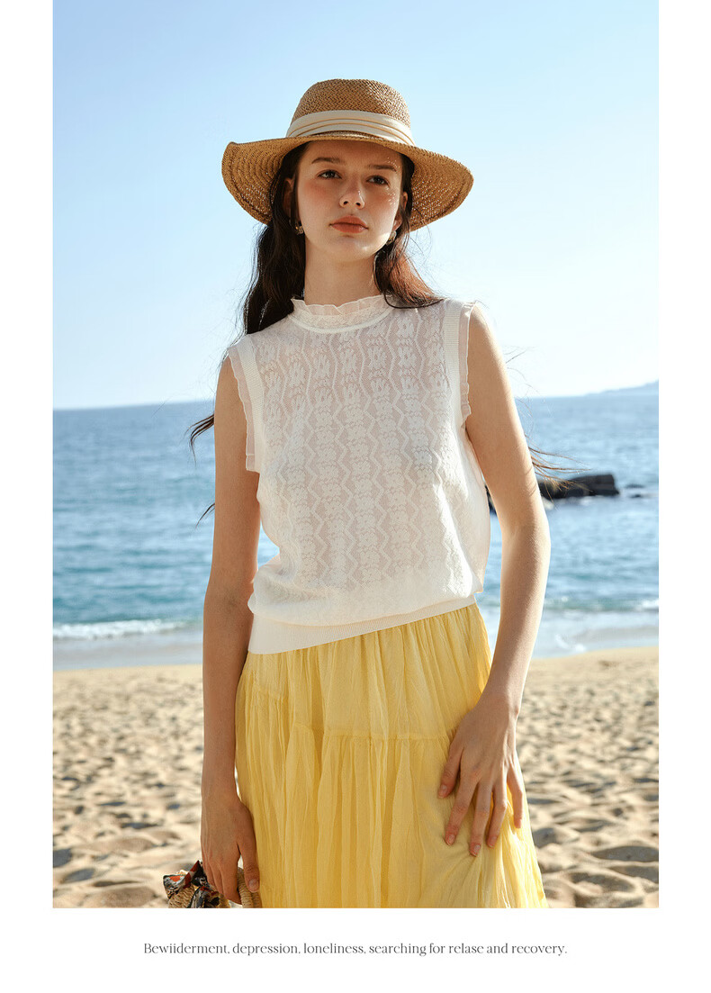 Olrain French Lace Jacquard Lace Shirt Summer New Women's Casual Vest Knitwear White S 11