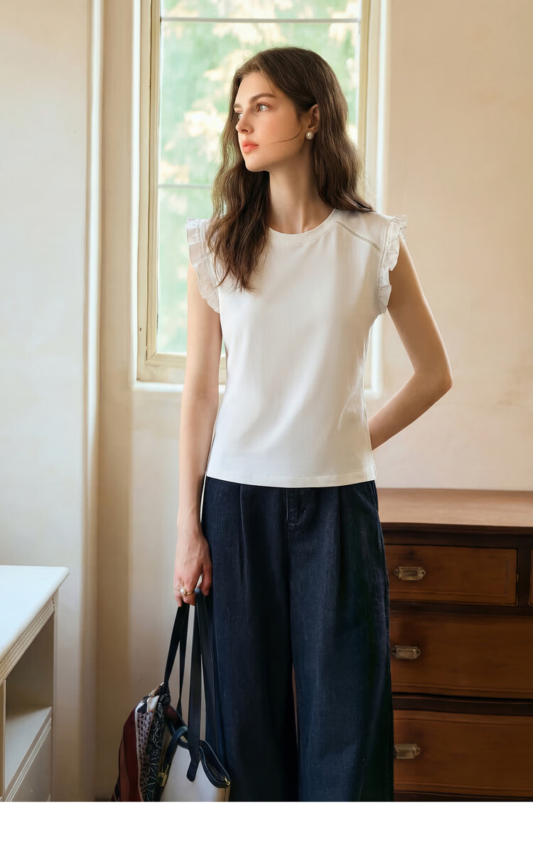Olrain French Style Ruffled Sleeve Summer Casual Commuter Pullover T-Shirt for Women White L 10