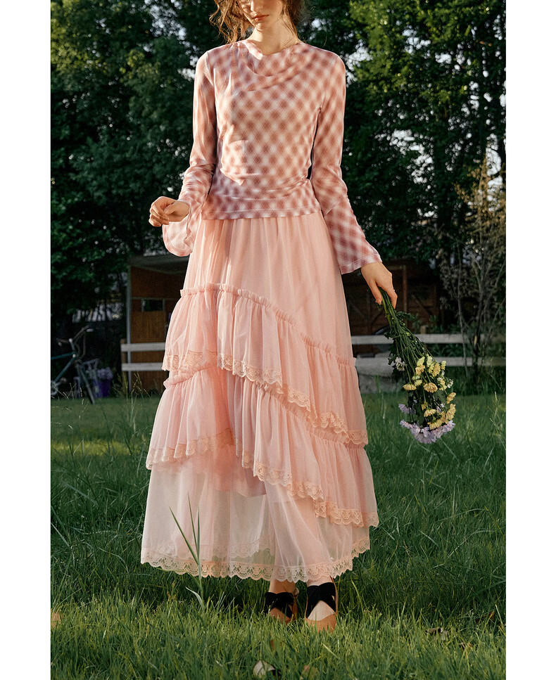 Olrain French Style Women's Skirt Spring Ruffle Lace Spliced Mesh Elegant Long Skirt Pink XL 18