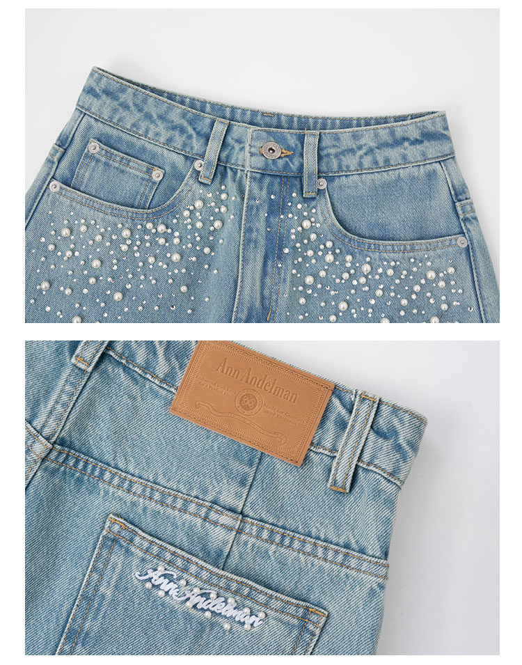 ANN ANDELMAN Curved Leg Wide-Leg Jeans with Rhinestone Pearls Washed Vintage Denim Blue Size 24 - Wuwenwen Same Style 13