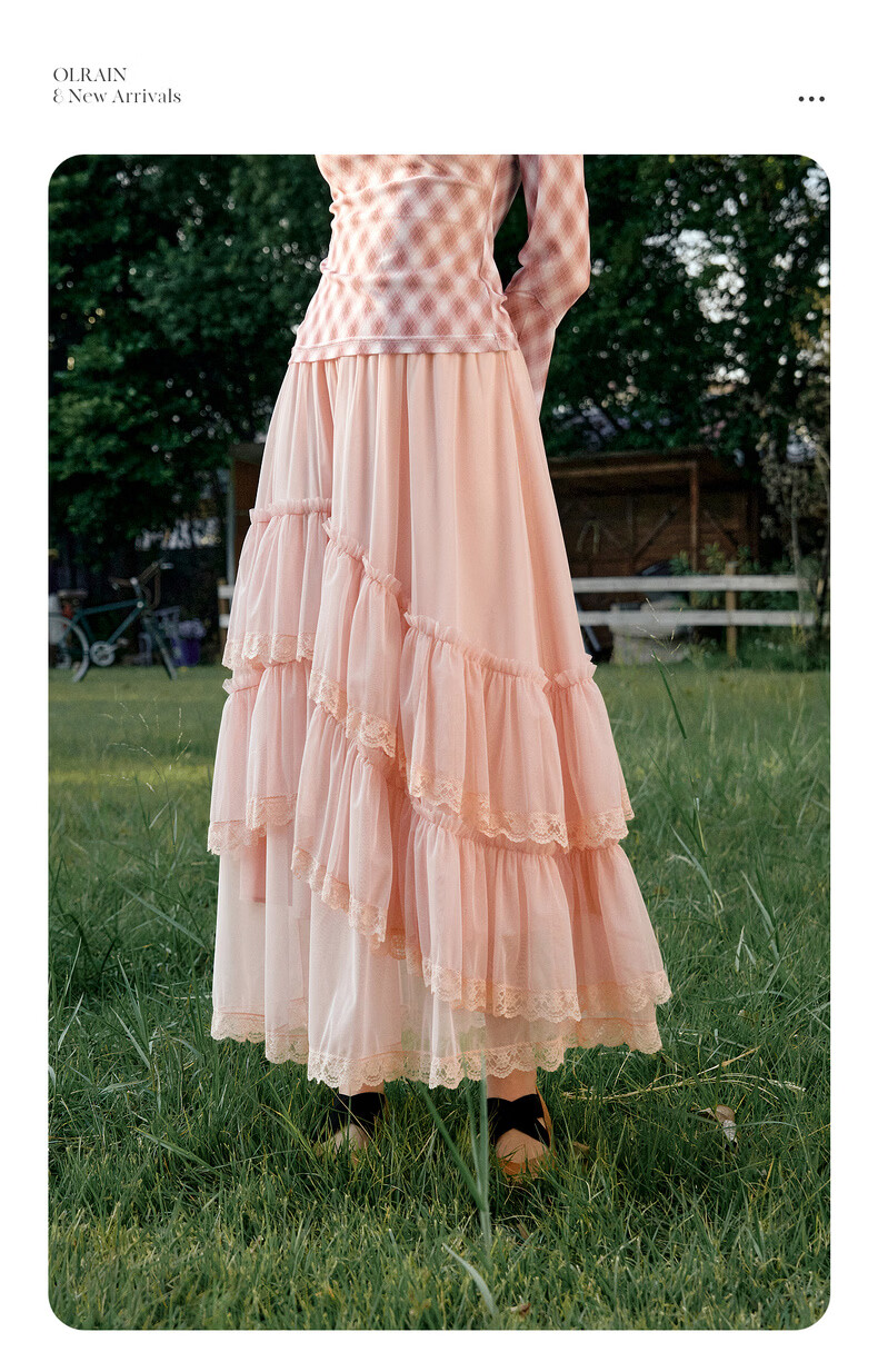 Olrain French Style Women's Skirt Spring Ruffle Lace Spliced Mesh Elegant Long Skirt Pink XL 7