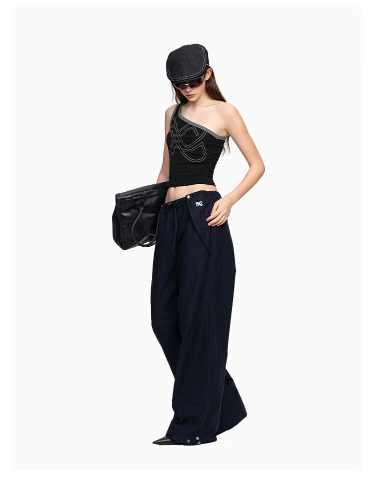 ANN ANDELMAN Celebrity Style Solid Color Loose Curved Hem Balloon Pants Navy Blue XS 10