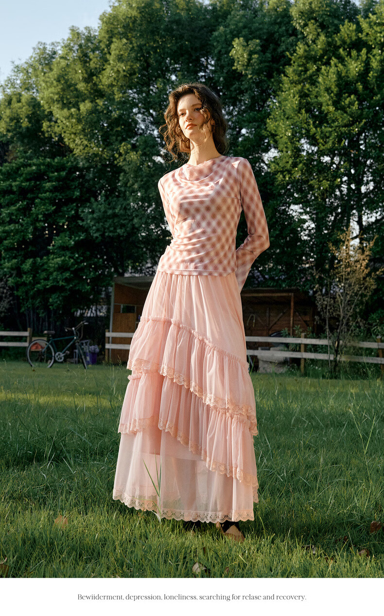 Olrain French Style Women's Skirt Spring Ruffle Lace Spliced Mesh Elegant Long Skirt Pink XL 14