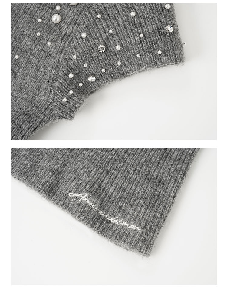 ANN ANDELMAN Galaxy Series Pearl and Diamond Embellished Semi-Turtleneck Short Sleeve Knit Top Fashion Slim Fit Gray XS 14