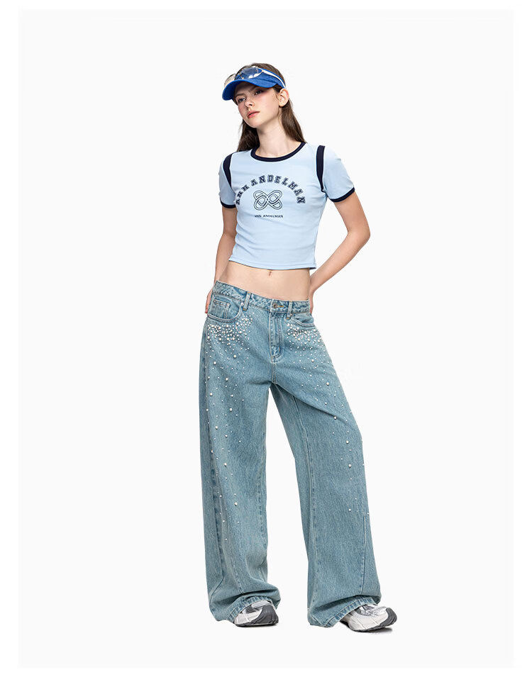 ANN ANDELMAN Curved Leg Wide-Leg Jeans with Rhinestone Pearls Washed Vintage Denim Blue Size 24 - Wuwenwen Same Style 4