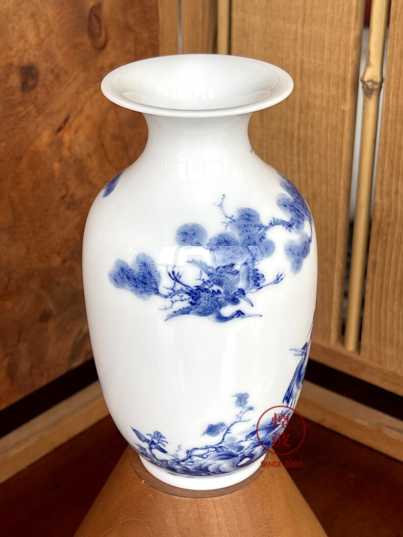 烟波 景德镇 九段烧 九段妙手 青花 花鸟 松鹤延年 花瓶花器【图片